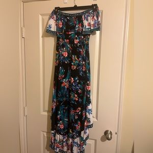 Flying Tomato .multi color bird high low dress. Size X-small